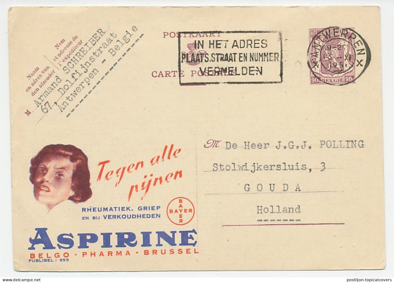 Publibel - Postal Stationery Belgium 1951 Aspirine - Bayer - Farmacia