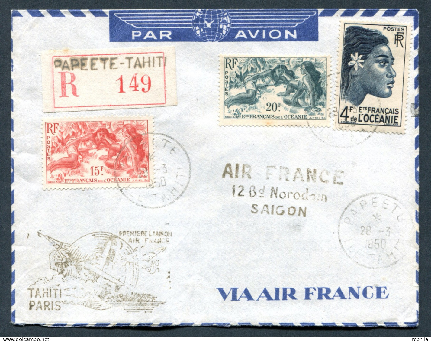 RC 27246 OCEANIE 1950 TAHITI - PARIS POUR L INDOCHINE FFC 1er VOL TB - Brieven En Documenten