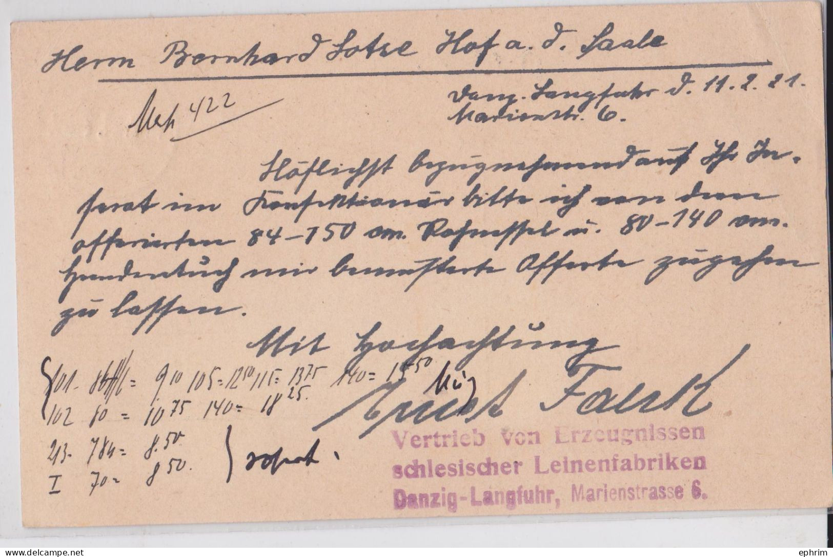 Zopppot Sopot Dantzig Danzig Langfuhr Marienstrasse Vertrieb Von Erzeugnissen Schlesischer Leinenfabriken Postkarte 1921 - Postal  Stationery