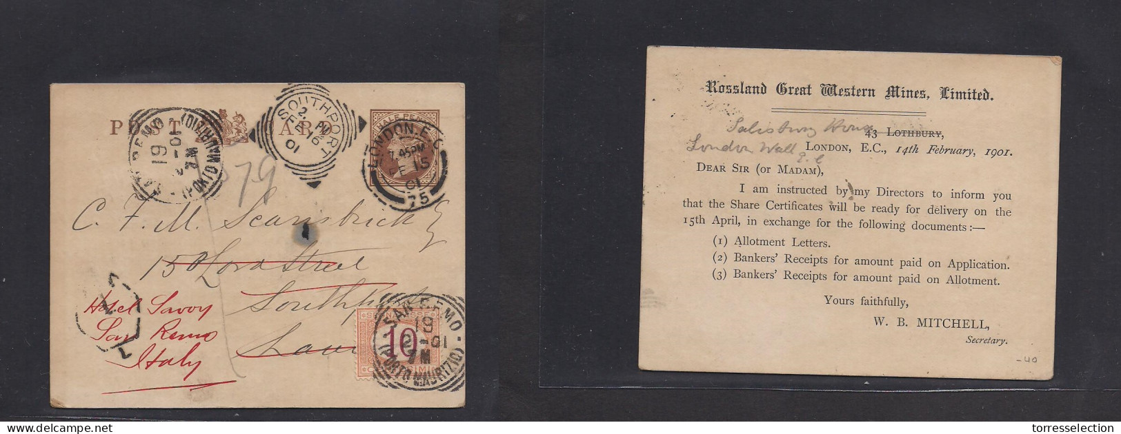 Great Britain - Stationery. 1901 (Feb 15) London - Italy, San Remo (19 Febr) 1/2d Brown Stat Card, Taxed + Italian P. Du - ...-1840 Vorläufer