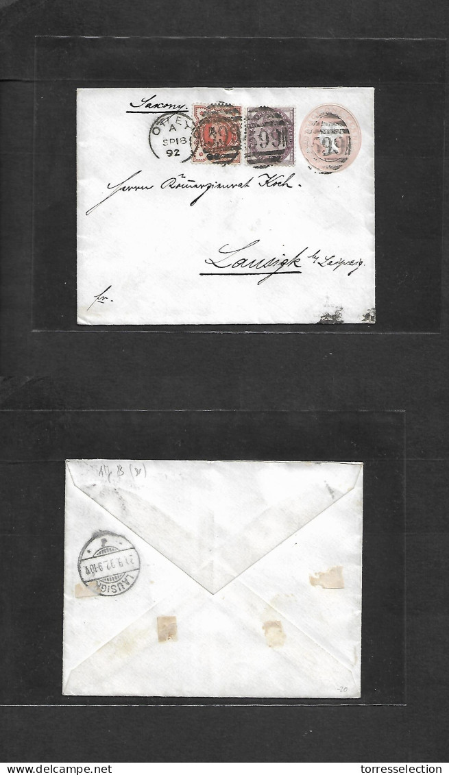 Great Britain - Stationery. 1892 (Sept 18) Otley - Lausigk, Germany (20 Sept) Stat Env + 2 Adtls At 2 1/2d Rate, Grill 5 - ...-1840 Voorlopers