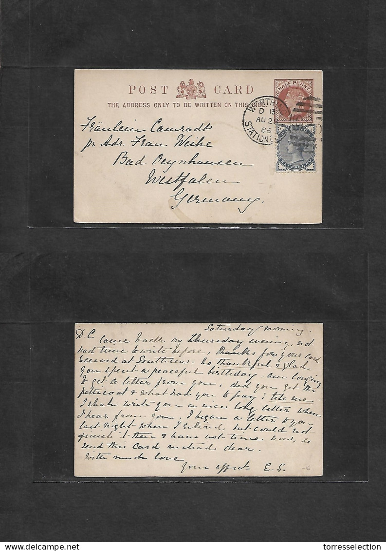 Great Britain - Stationery. 1886 (Aug 28) Worthing Stat - Germany, Westfalen. 1/2d Brown Stat Card + Adtl, 923 Grill. VF - ...-1840 Préphilatélie