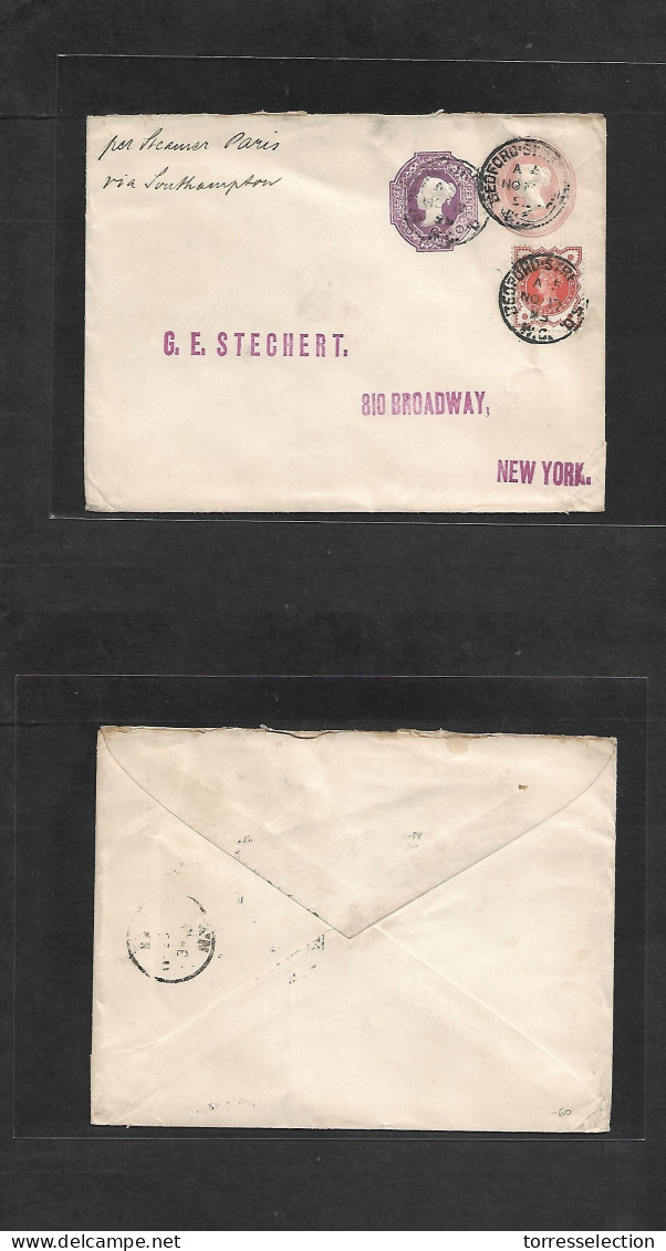 Great Britain - Stationery. 1893 (Nov 17) London, Bedford St - USA, NYC 1d + 6d Embossed Doble Print Stationery Envelope - ...-1840 Prephilately