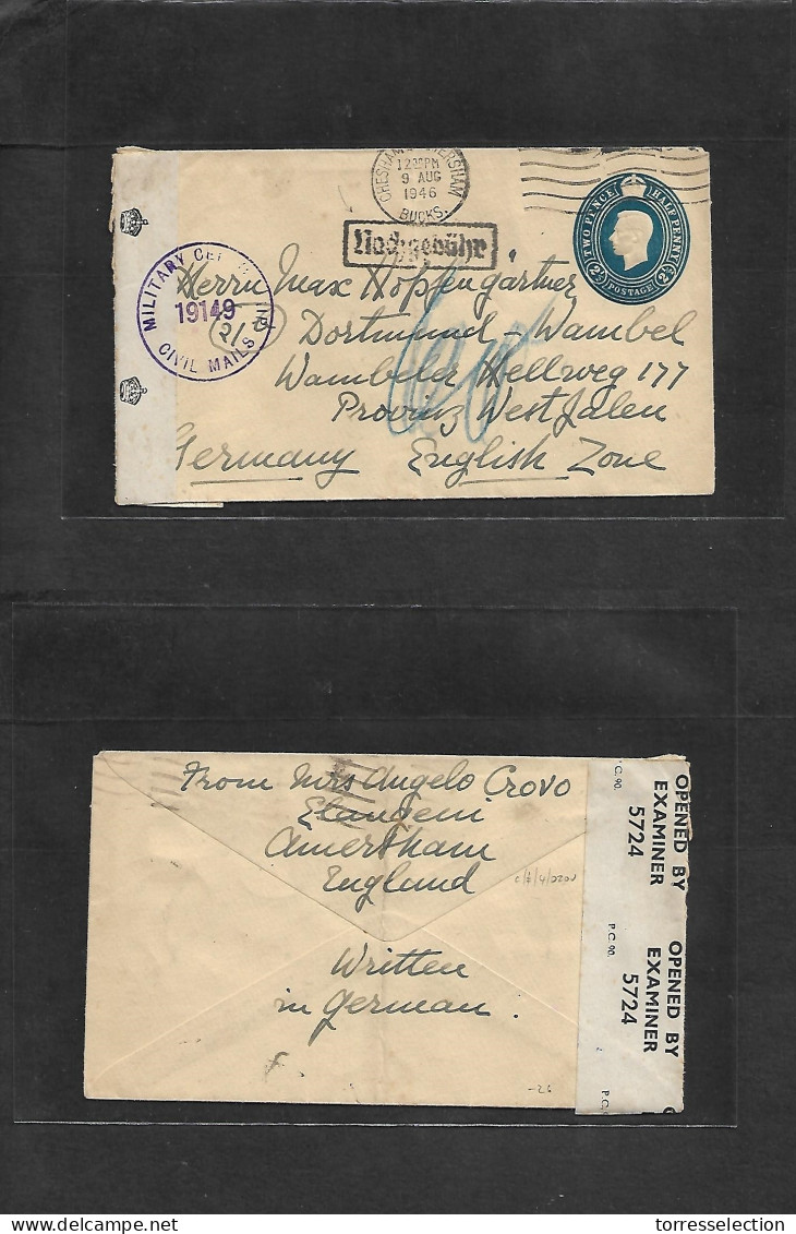 Great Britain - Stationery. 1946 (9 Aug) Chesham, Ammersham - Germany, Westphalen, Dortmund 2 1/2d Blue Stat Env + Taxed - ...-1840 Prephilately