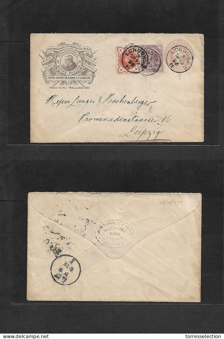 Great Britain - Stationery. 1896 (Sp 19) London - Germany, Heipzig. 1d Rose Knife Polish Illustrated Stat Env + 2 Adtls, - ...-1840 Prephilately