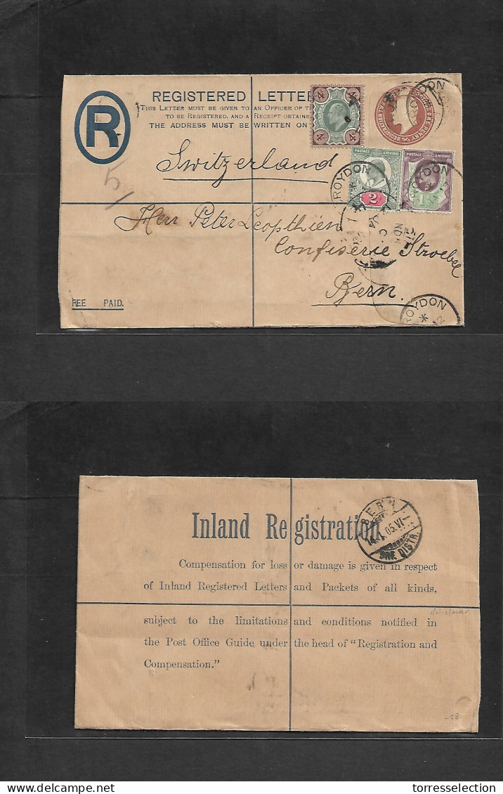 Great Britain - Stationery. 1905 (Jan 12) Croydon - Switzerland, Bern (14 Jan) Registered 3d Brown Stat Env + 3 Adtls, C - ...-1840 Préphilatélie