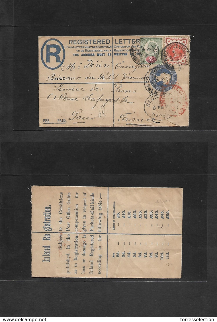 Great Britain - Stationery. 1897 (Feb 8) Darwen - France, Paris. 3l Blue Registered Stat Env + 2 Adtls, Oval Reg Cachet. - ...-1840 Voorlopers