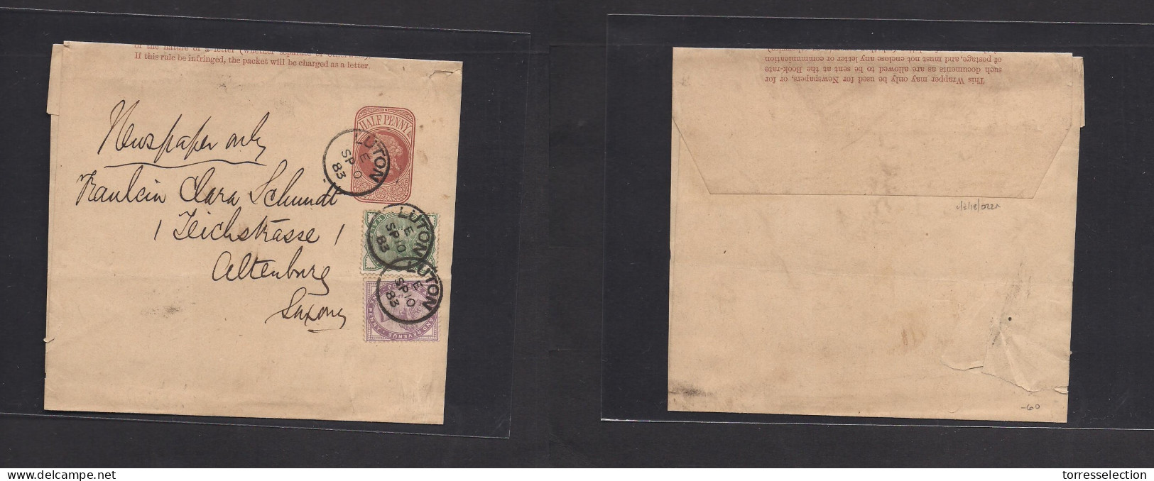 Great Britain - Stationery. 1883 (Sept 10) Luton - Germany, Altenburg 1/2d Brown QV Stat Completed Wrapper + 2 Adtls, Ti - ...-1840 Voorlopers