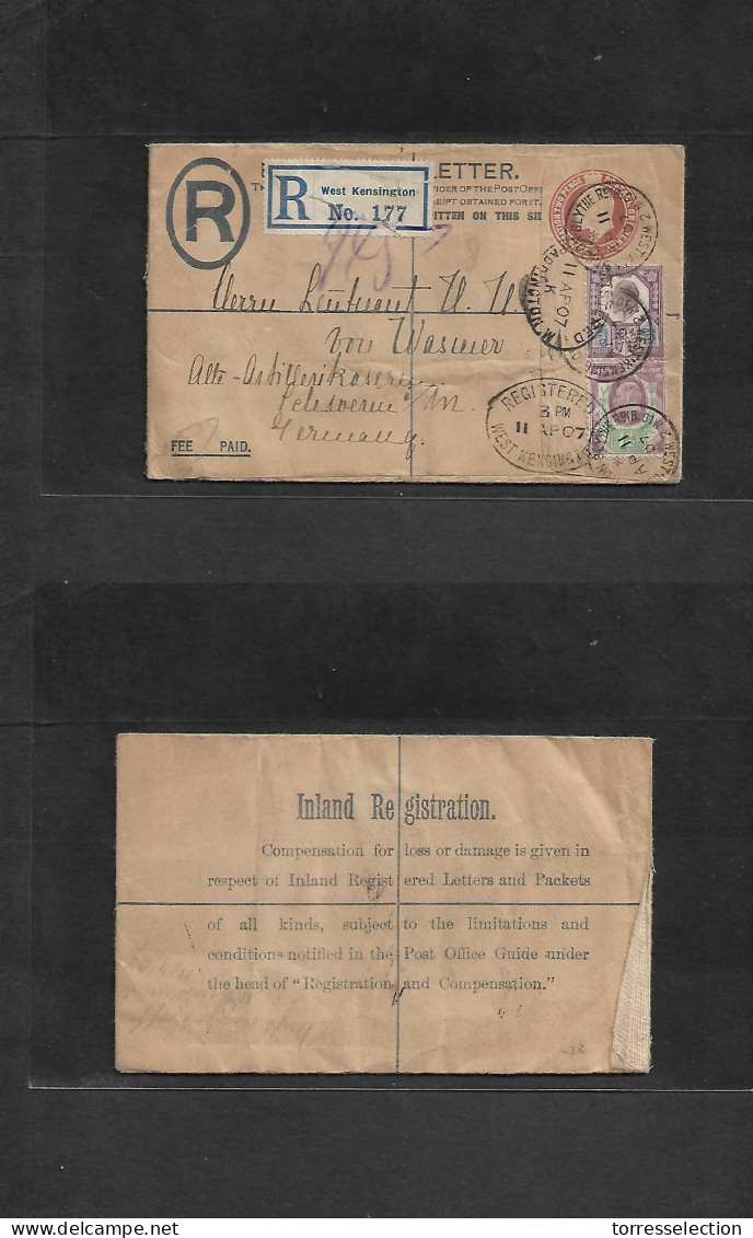 Great Britain - Stationery. 1907 (11 Apr) West Kensington - Germany, Schweriwer. Registered 3d Brown KEVII Stat Env + 2  - ...-1840 Préphilatélie