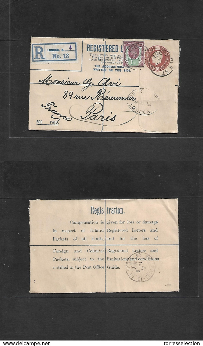 Great Britain - Stationery. 1912 (8 Jan) London - France, Paris (9 Jan) Registered 3d Brown Stat Env + Adtl. Fine. - ...-1840 Préphilatélie