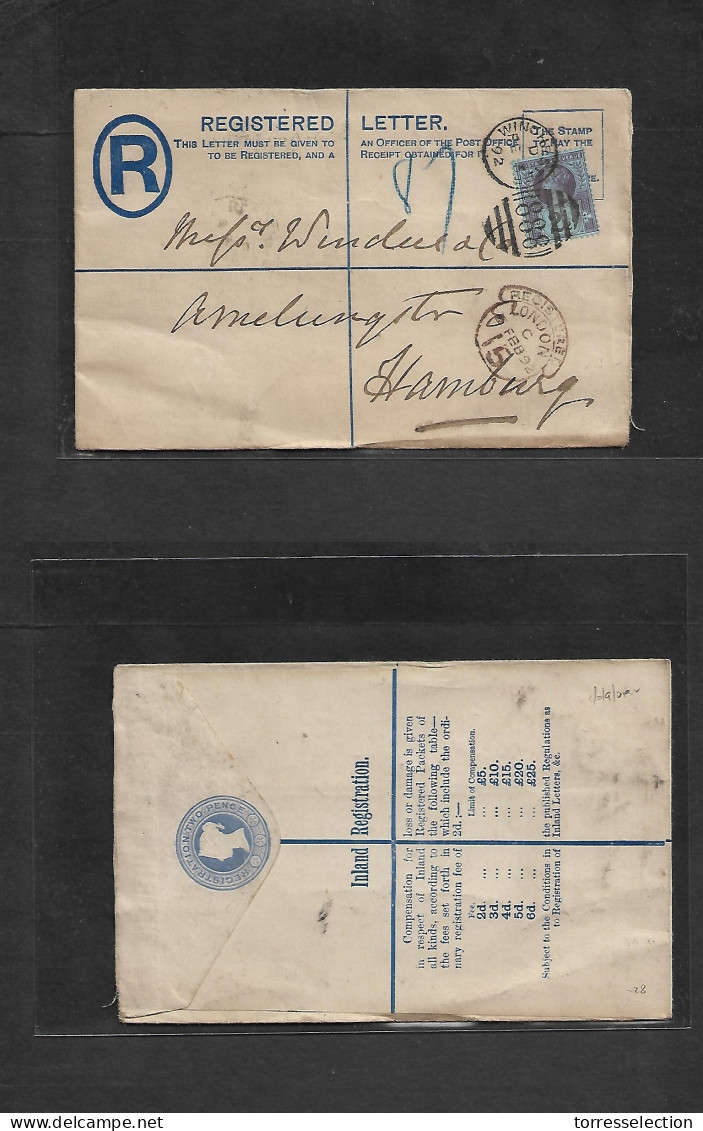 Great Britain - Stationery. 1892 (Feb 5) Windhurst - Germany, Hamburg. Registered 2d Blue Stat Env + Adtls, Tied Grill " - ...-1840 Vorläufer
