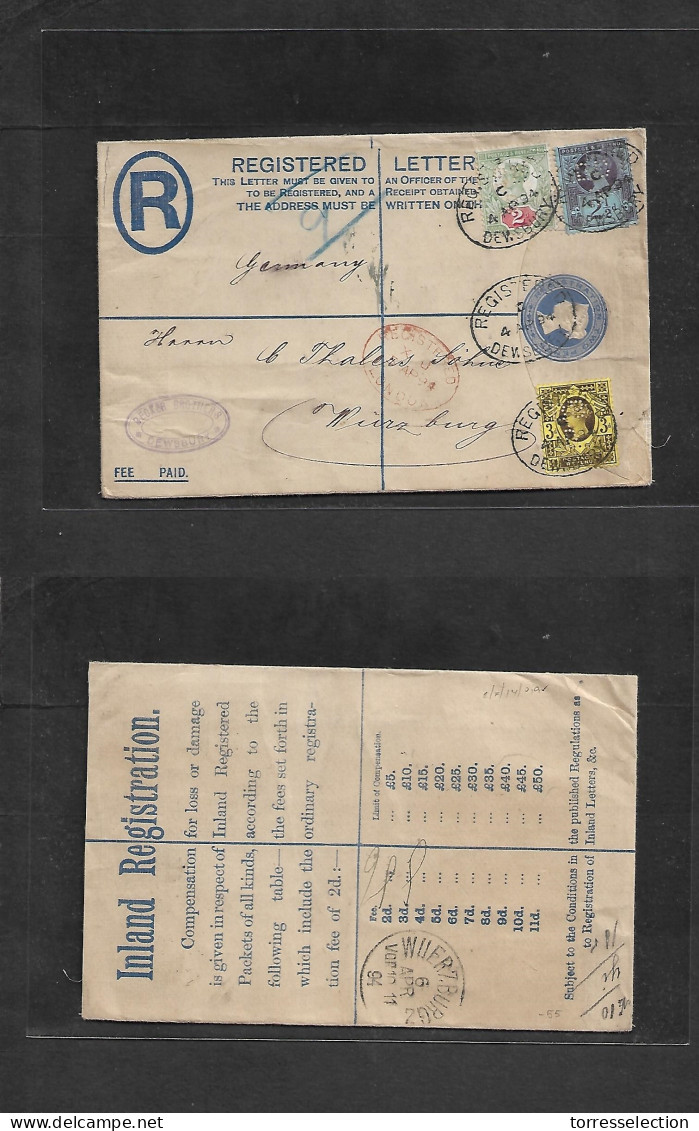 Great Britain - Stationery. 1894 (4 April) Dewsbury - Germany, Wunzburg (6 Apr) Registered 2d Blue Stat Env + 3 Adtl PER - ...-1840 Voorlopers