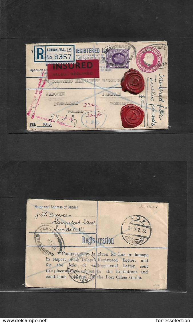 Great Britain - Stationery. 1927 (19 Feb) London - Poland, Jarocin (22 Febr) Registered Insured GPO 12 4 1/2d Red Stat E - ...-1840 Vorläufer