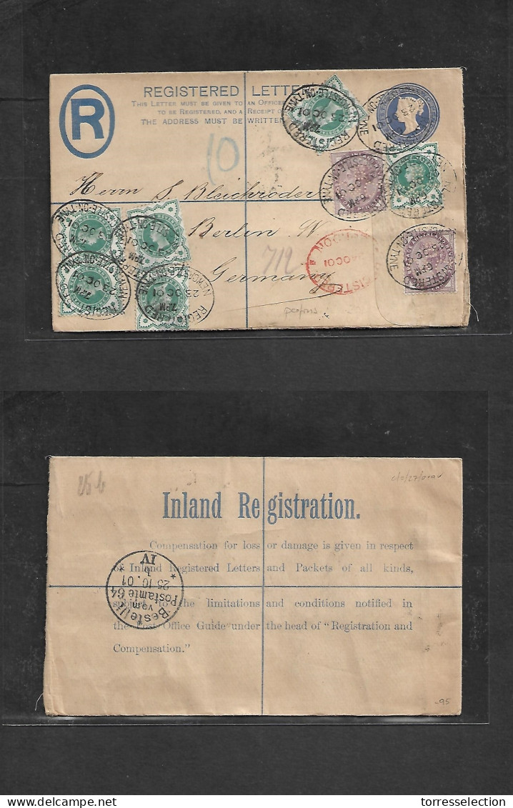 Great Britain - Stationery. 1901 (23 Oct) Newcastle On Tyre - Germany, Berlin (25 Oct) Registered 2d Blue + 8 Adtls, PER - ...-1840 Vorläufer