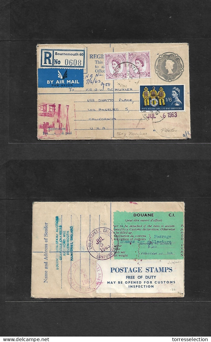 Great Britain - Stationery. 1963 (3 July) Bournemouth - USA, CA, LA (5 July) Registered Airmail 1sh 9d Grey Stat Env +   - ...-1840 Precursori