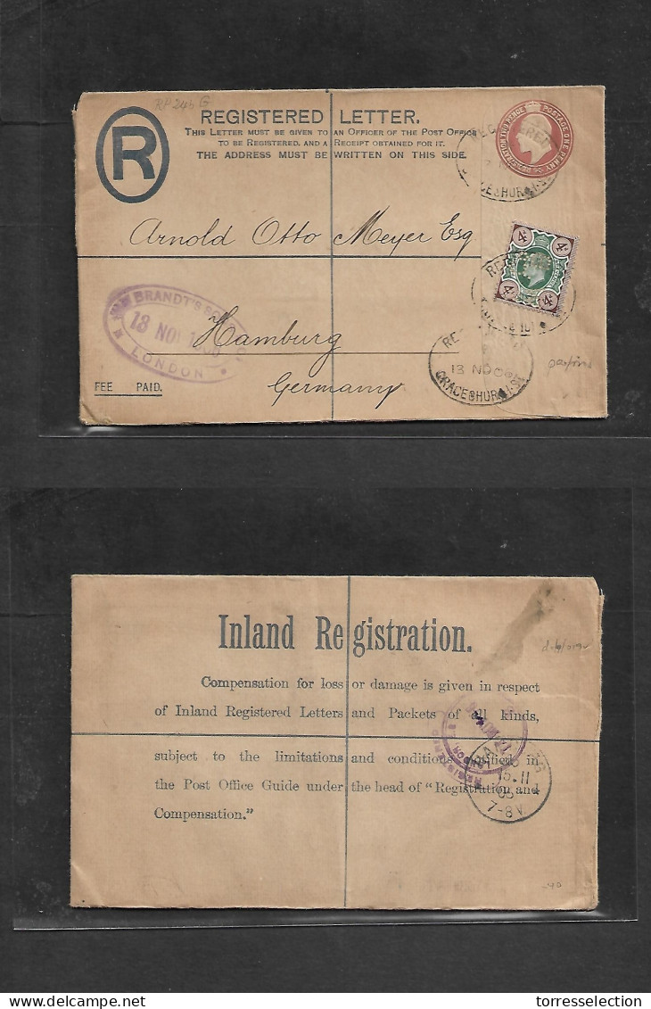 Great Britain - Stationery. 1906 (13 Nov) Gracechurch St, London - Germany, Hamburg (15 Nov) Registered 3d Brown KE VII  - ...-1840 Precursori