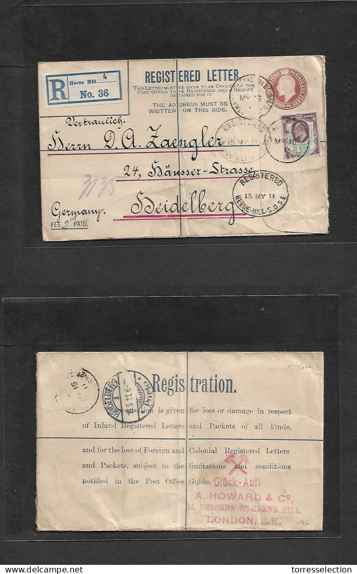 Great Britain - Stationery. 1911 (15 May) Herne Hills - Germany, Heidelberg (16 May) Registered 3d Brown Stat Env + Adtl - ...-1840 Vorläufer