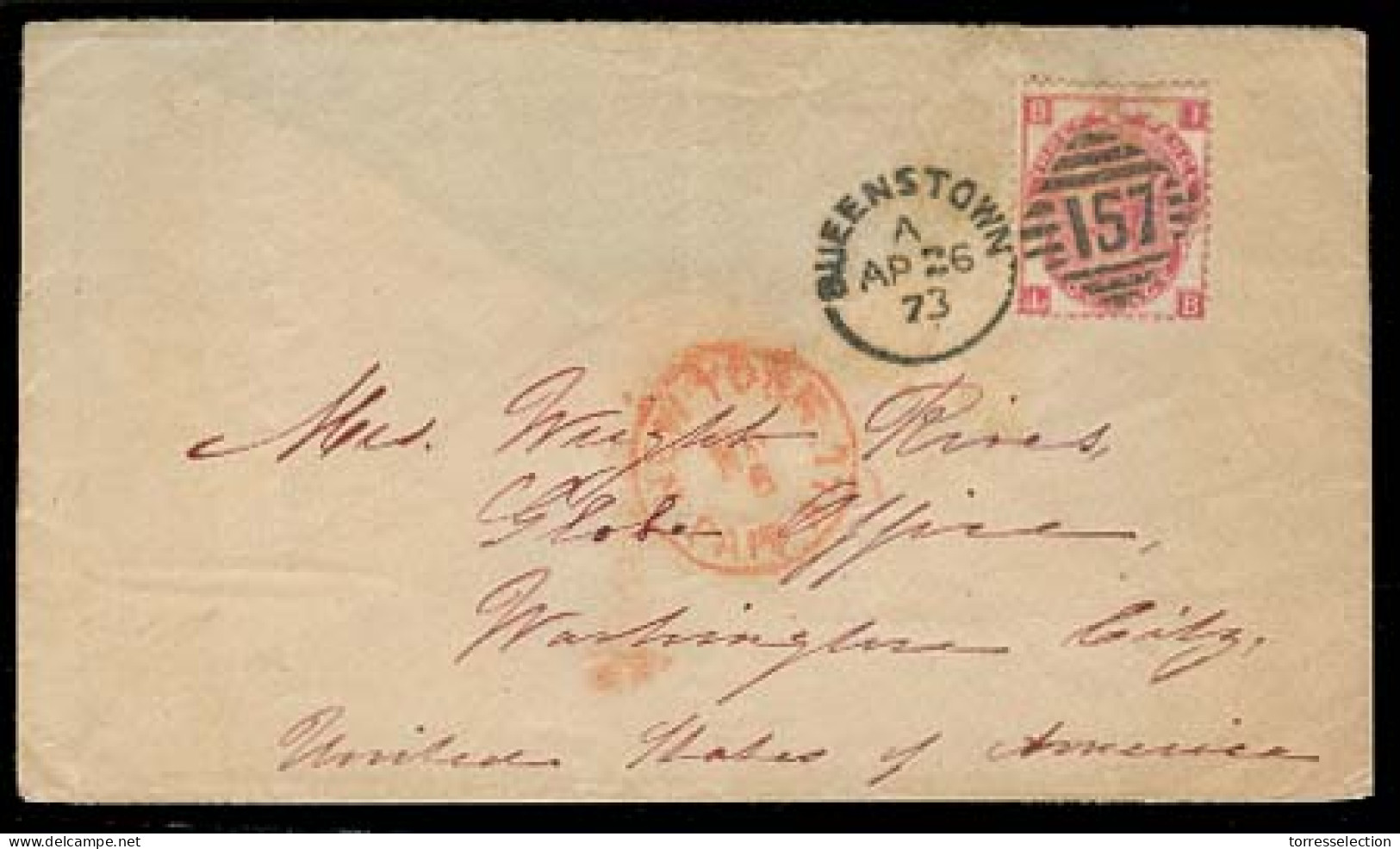 GREAT BRITAIN. 1873 (26 April). Queenstown / Ireland - USA. Fkd Env. 3d Rose Large Corner Letters. VF. - ...-1840 Prephilately
