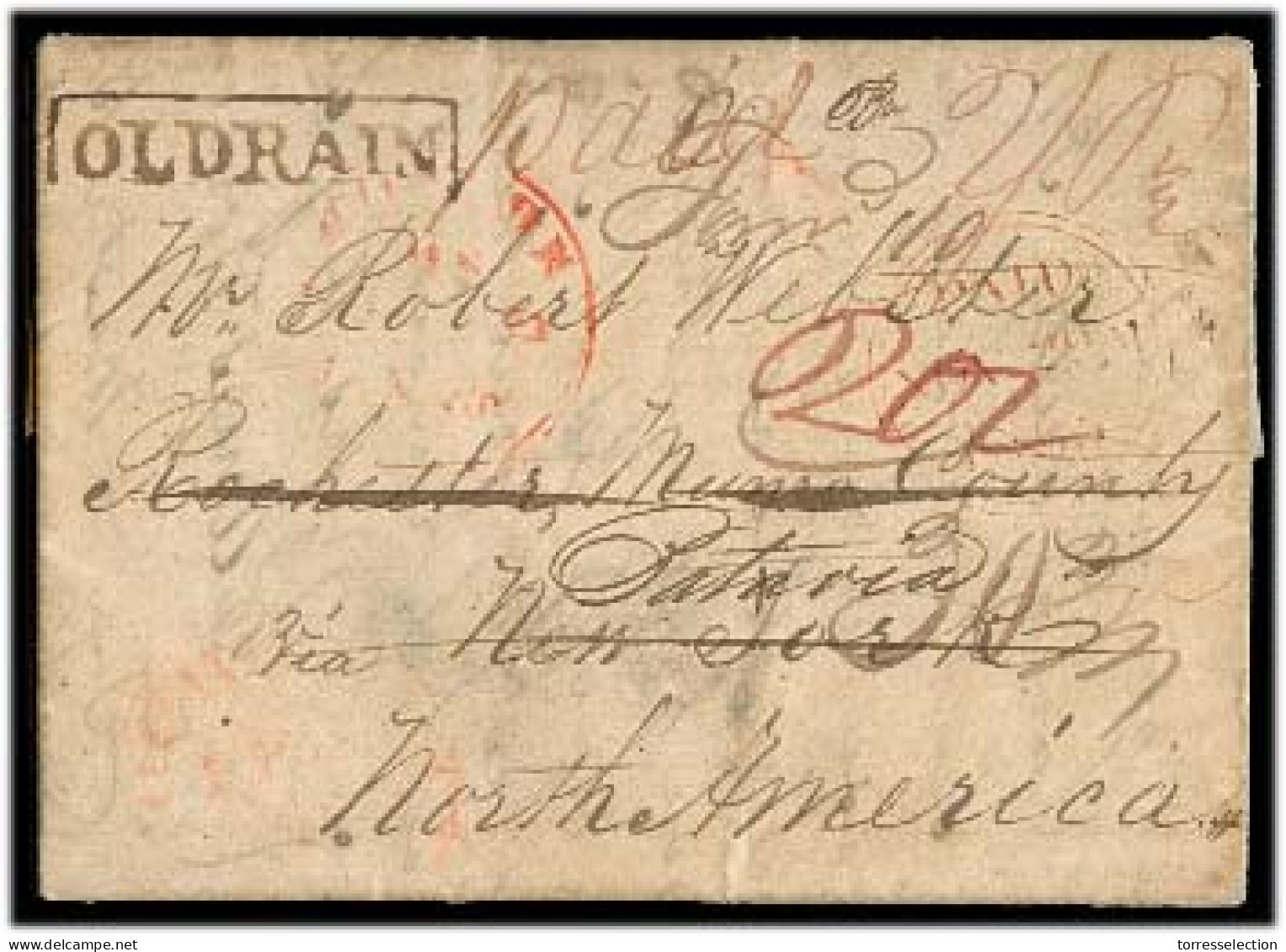 GREAT BRITAIN. 1835 (27 Nov). Old Westhall / Scotland - USA. Stampless EL Full Text Boxed "OLD RAIN" (xxx/R). Via London - ...-1840 Prephilately