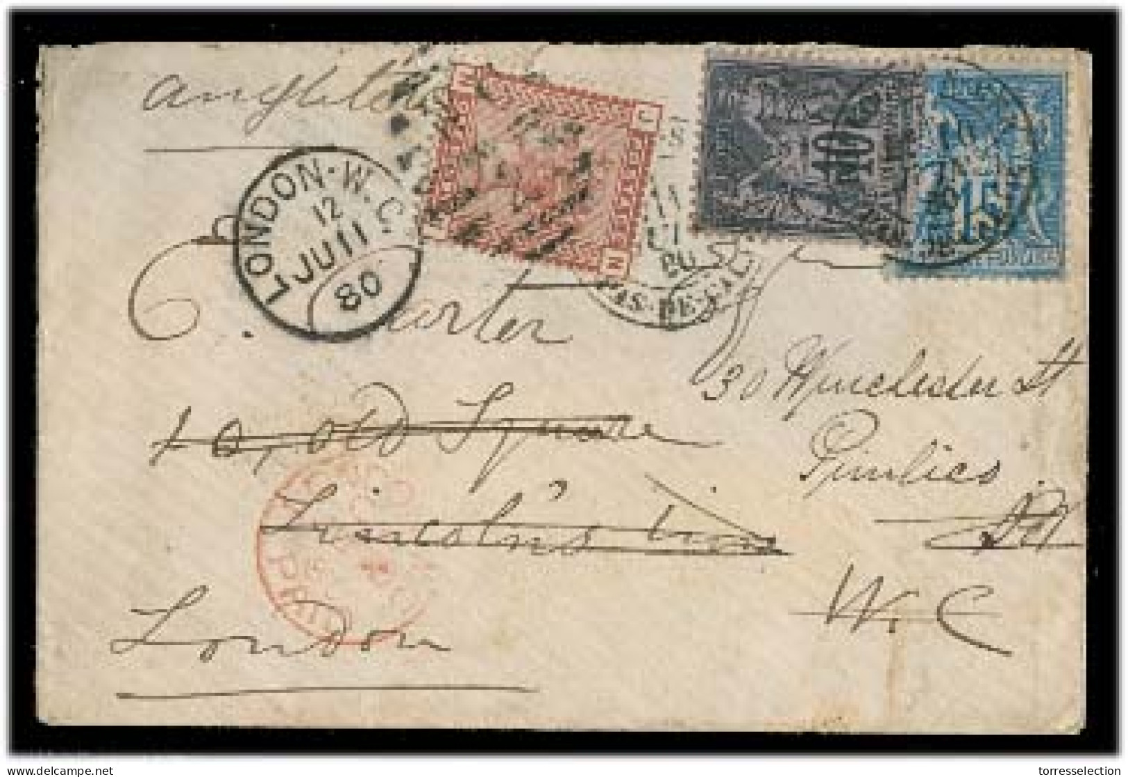 GREAT BRITAIN. 1880. Boulogne S Mer - UK, Fwded Env Fkd 10c + 25c T II + GB 1d Venetian Red Tied London Grill. Fine Comb - ...-1840 Préphilatélie