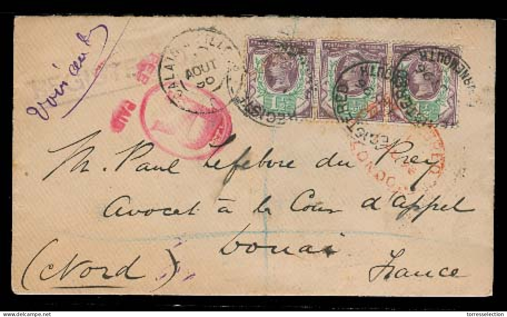 GREAT BRITAIN. 1896 (1 July). Bournemouth - France. Reg Env Fkd 2 1/2d Ship Of Three. Fine. - ...-1840 Vorläufer