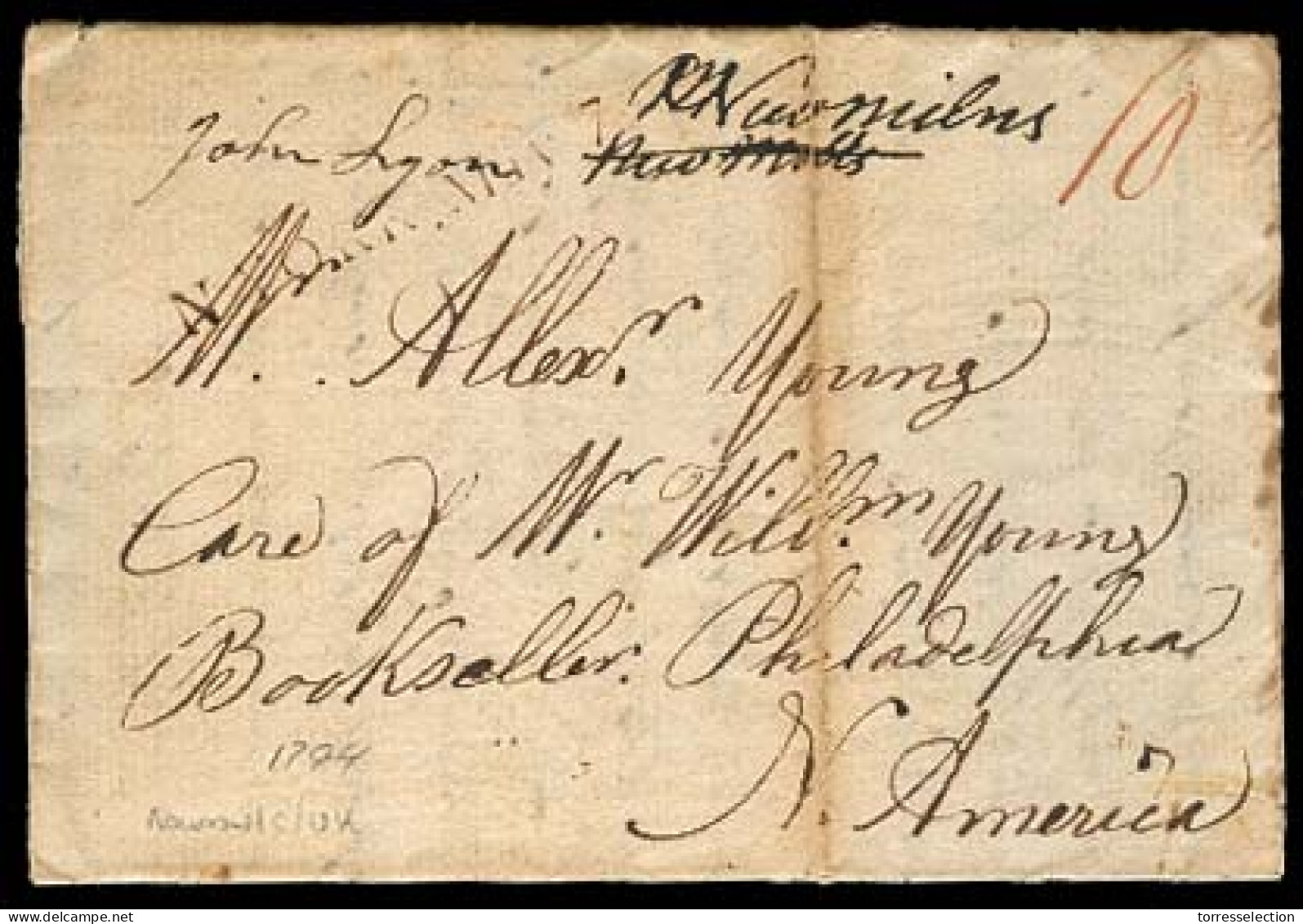 GREAT BRITAIN. 1794 (22 Feb). Newmills - USA / Philadelphia. EL Mns Town On Front / John Lyon + NY 7 May Brown Stline. F - ...-1840 Precursori