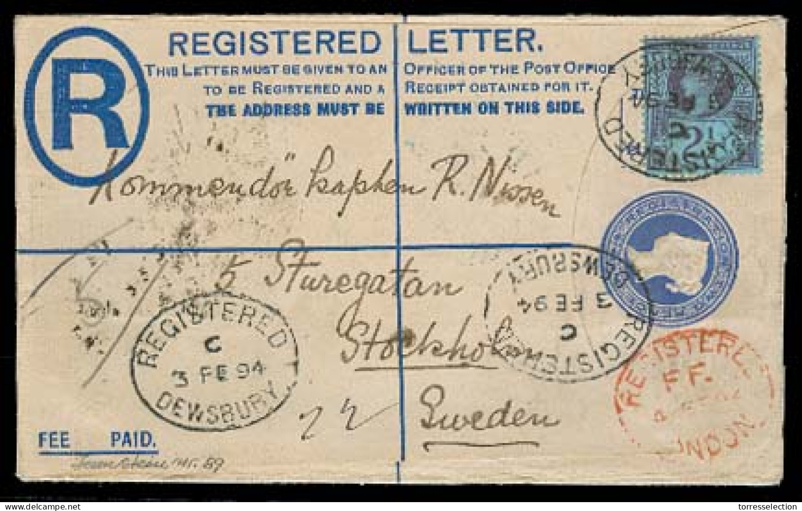 GREAT BRITAIN. 1894 (5 Feb). Dewsbury - Sweden. Reg 2d Stat Env + 2 1/2 Adtl. Fine. - ...-1840 Voorlopers