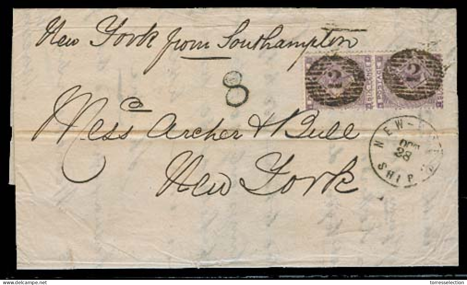GREAT BRITAIN. 1863 (13 Oct). London - USA. EL Fkd 6d Vert Pair (SG 84). Lilac Vertical Pair On 1863 NY Ship Letter Very - ...-1840 Prephilately