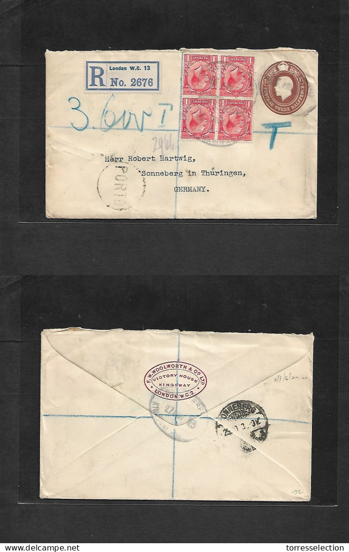 Great Britain - Stationery. 1923 (27 Oct) London - Germany, Sonneberg (29 Oct) Registered 1 1/2d Brown Stat Env + 1d Red - ...-1840 Préphilatélie