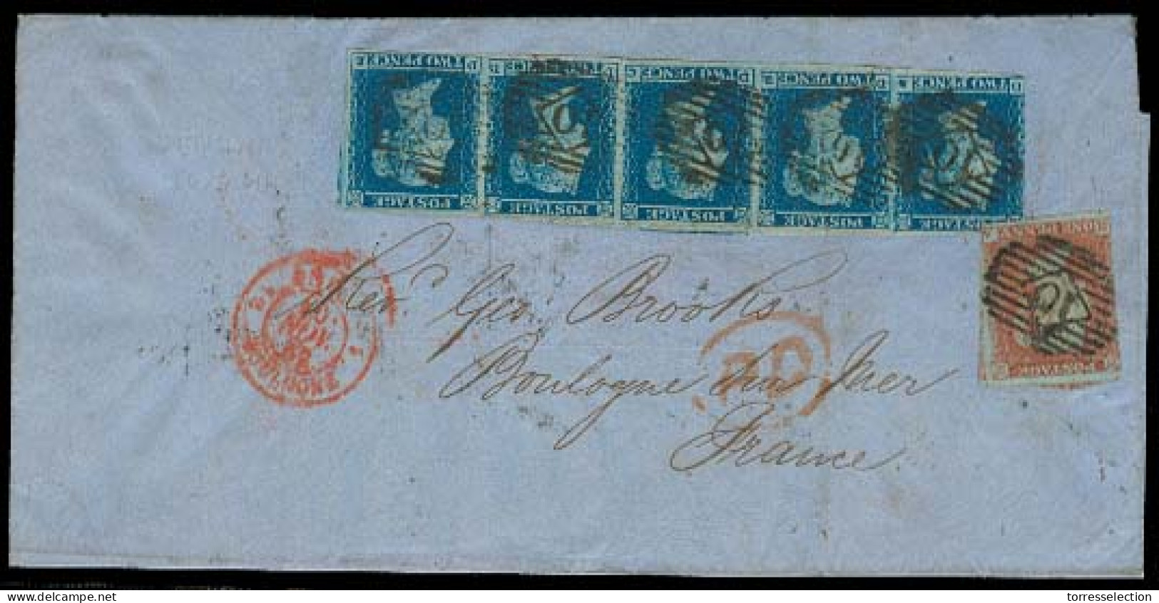 GREAT BRITAIN. 1852 (9 Nov). London - France. EL Bearing 2d DA-DE, Horizontal Strip Of Five, DA Touched At Left, Good To - ...-1840 Precursori