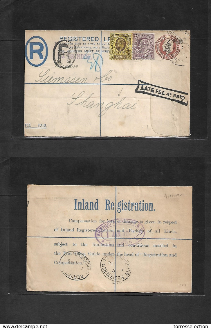 Great Britain - Stationery. 1904. Gracechurch - Shanghai, China "Late Fee 4d Paid" Cachet + "PERFIN". Registered Ed VII  - ...-1840 Préphilatélie
