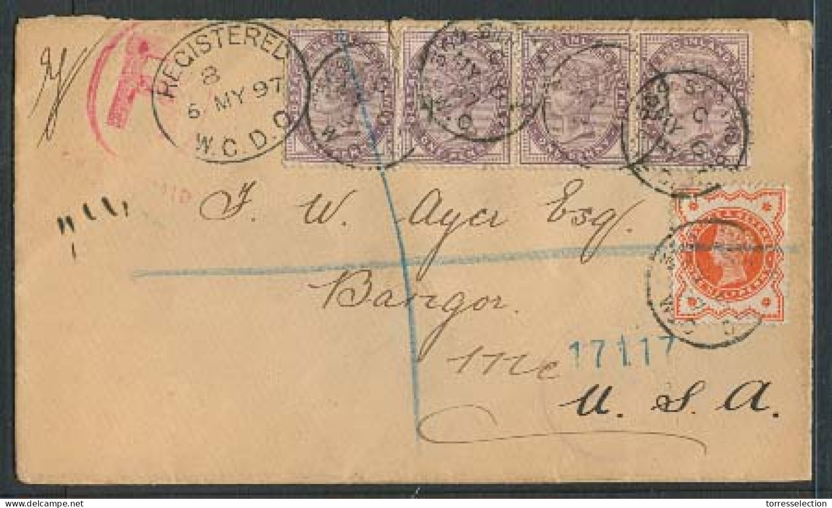 GREAT BRITAIN. 1897 (May). 69 Strand - USA. Reg Mutlifkd Env. - ...-1840 Préphilatélie