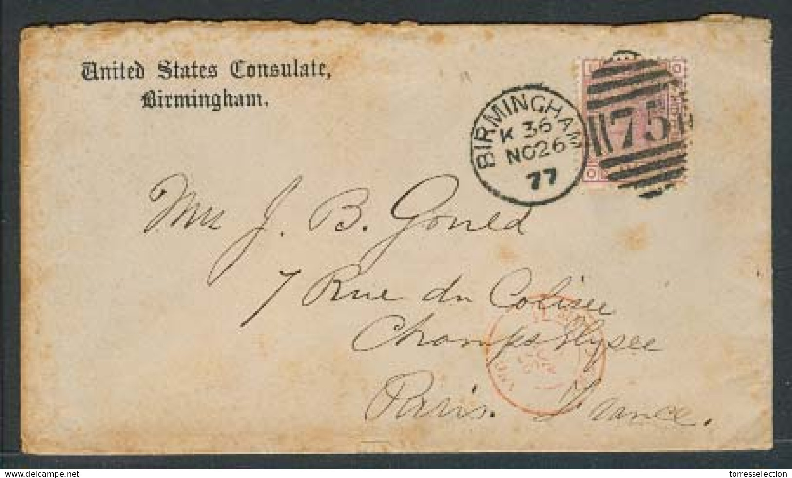 GREAT BRITAIN. 1877 (26 Nov). Birmingham - France. US Consulate. Env Fkd 2 1/2d Plate 9. - ...-1840 Precursori