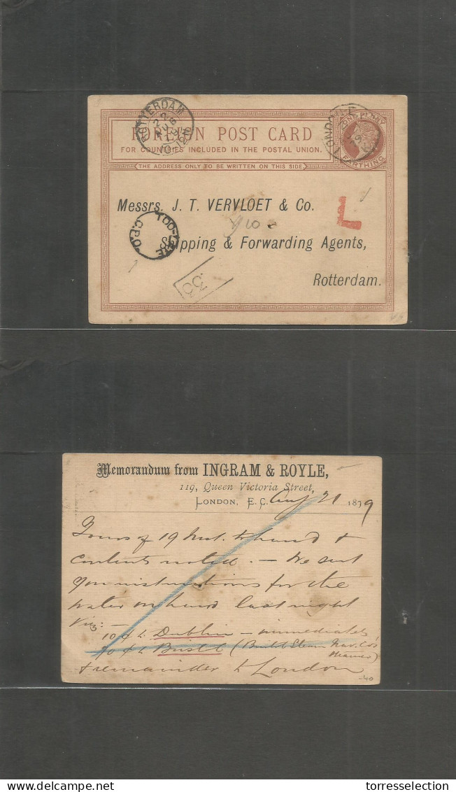 Great Britain - Stationery. 1879 (21 Aug) London - Netherlands, Rotterdam (22 Aug) 1d / Farthing Stat Card "too Late/ GP - ...-1840 Precursori