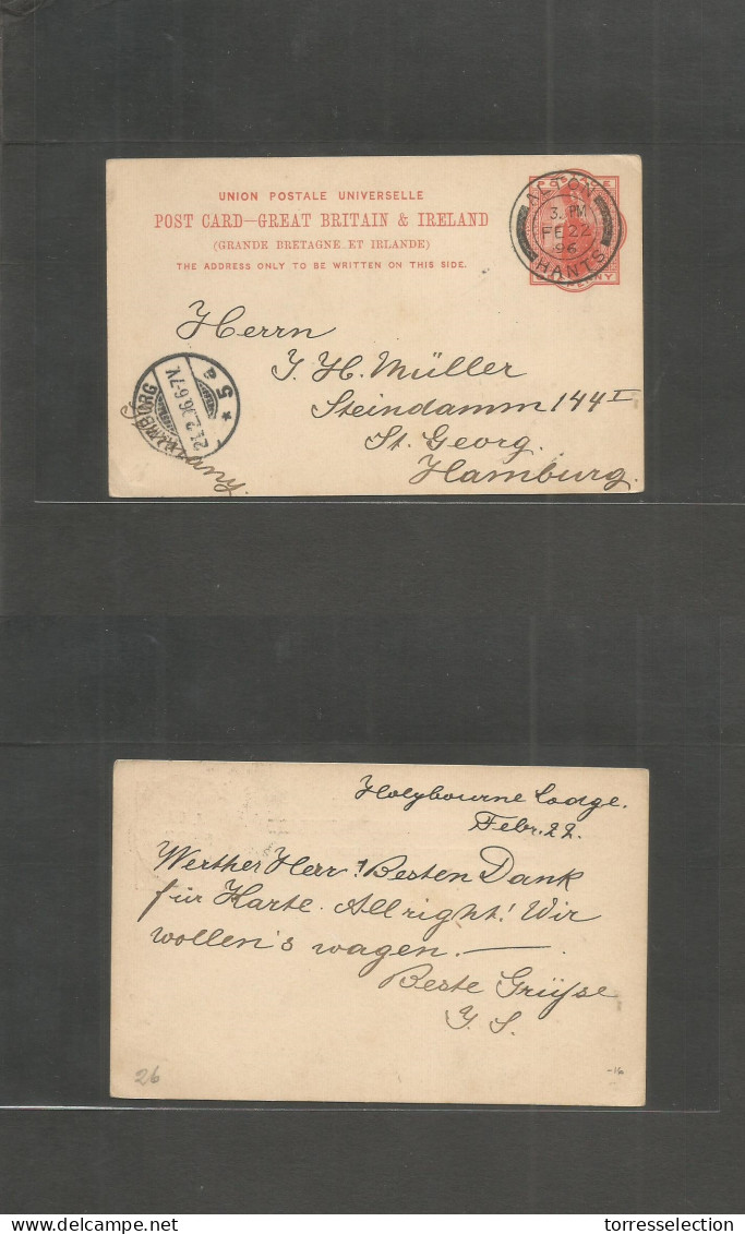 Great Britain - Stationery. 1896 (22 Feb) Alton, Hants - Germany, Hamburg (25 Feb) 1d Red Stat Card. VF Used. - ...-1840 Vorläufer