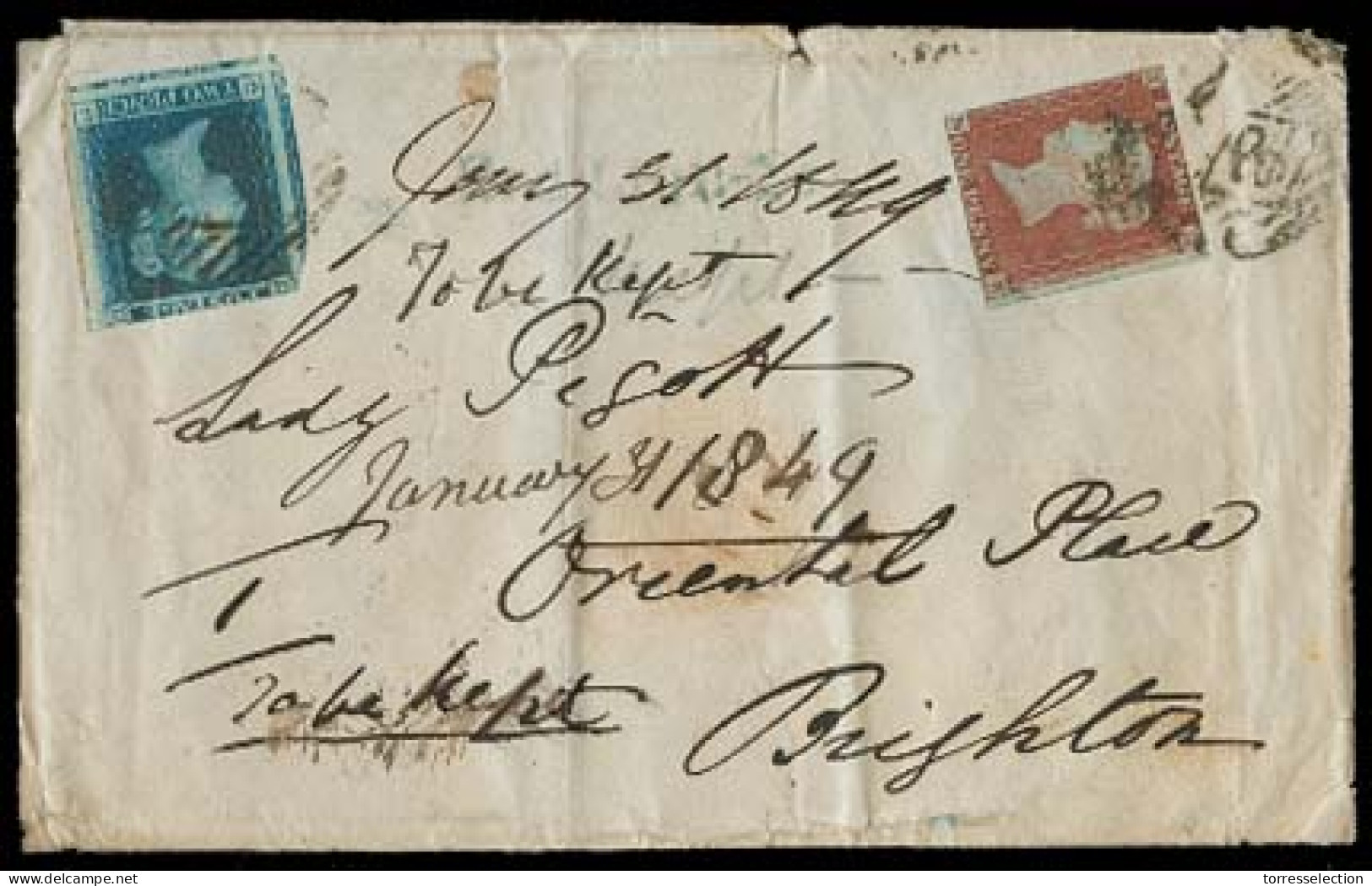 GREAT BRITAIN. 1849 (31 Jan). London - Brighton. Env Fkd 1d + 2d Tied. - ...-1840 Voorlopers