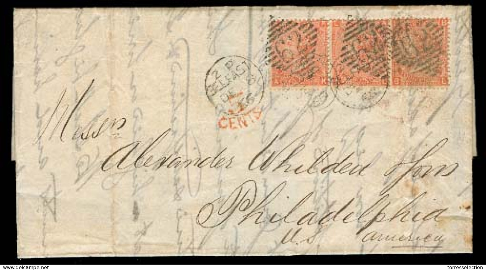 GREAT BRITAIN. 1866. Belfast / Nothern Ireland - USA. EL Fkd 4d Strip Of Three Tied Diamond Full 62 + Red 5 Cts. Fine. - ...-1840 Vorläufer