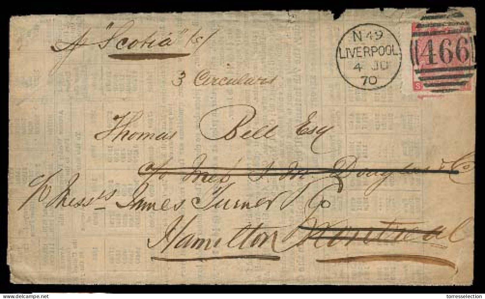 GREAT BRITAIN. 1870. Liverpool - Canada / Montreal - Hamilton Fwded EL Fkd 3d Pl 5 Intense Dark Shade. Circular. Triple  - ...-1840 Vorläufer