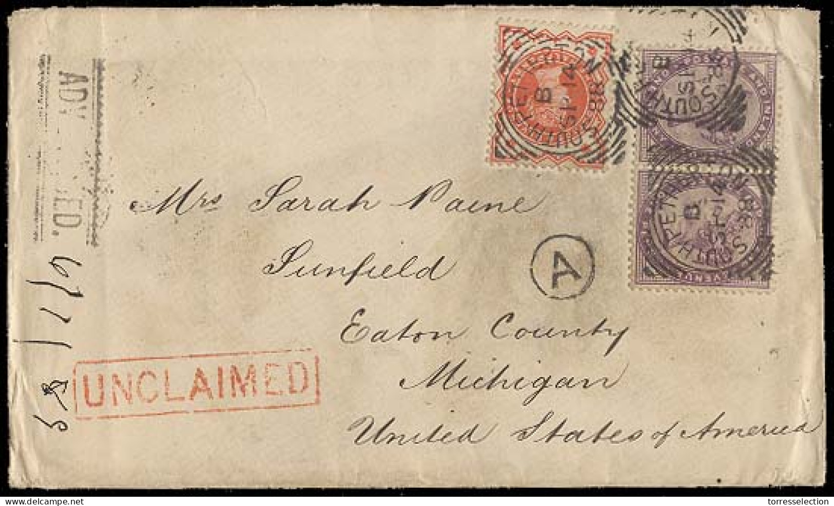 GREAT BRITAIN. 1888. South Petherton - USA. Sunfield - Michigan. Multifkd + "A" + Unclaimed. Lovely. - ...-1840 Prephilately