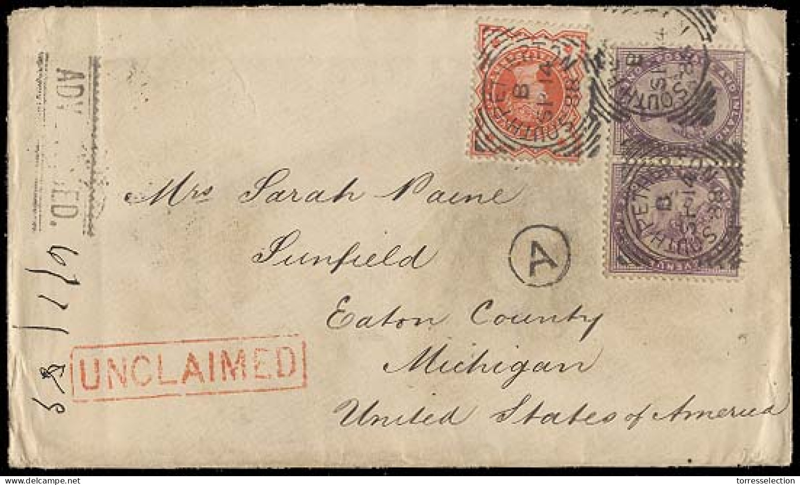 GREAT BRITAIN. 1888. South Petherton - USA. Sunfield - Michigan. Multifkd + "A" + Unclaimed. Lovely. - ...-1840 Préphilatélie