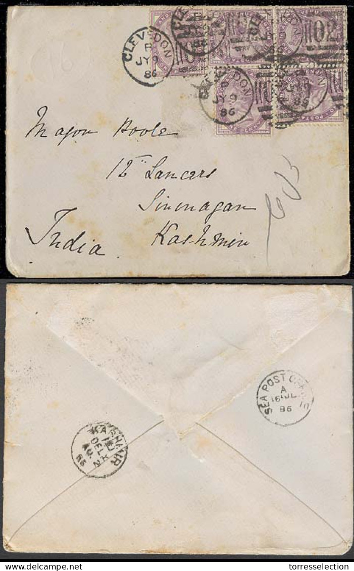 GREAT BRITAIN. 1886 (9 Jul). Clevedon - India / Kashmir / Sirinagar. Env Fkd 1d X5 /cds. - ...-1840 Préphilatélie