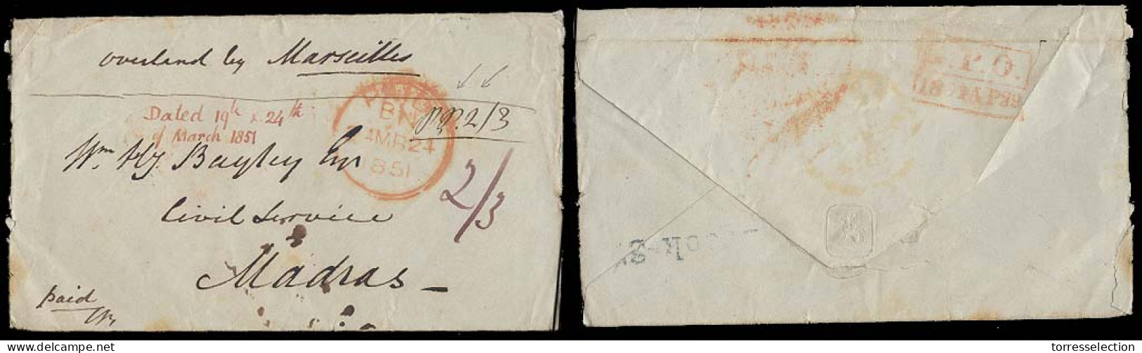 GREAT BRITAIN. 1851 (24 March) (19 March). London / Brook St Blue Stline Reverse - India / Madras. Stampless Env Via Ove - ...-1840 Precursori