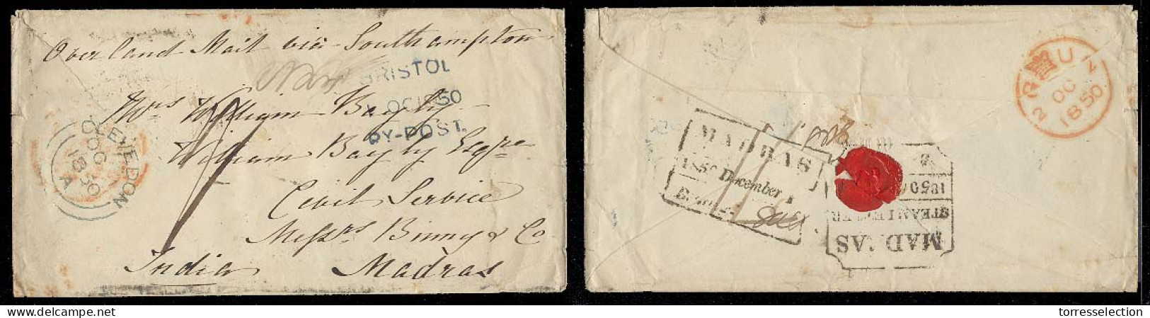 GREAT BRITAIN. 1850. Clevedon - India / Madras. Stampless Env. Via Bristol / By - Post (xxx) Cds, Southampton. Arrival M - ...-1840 Prephilately