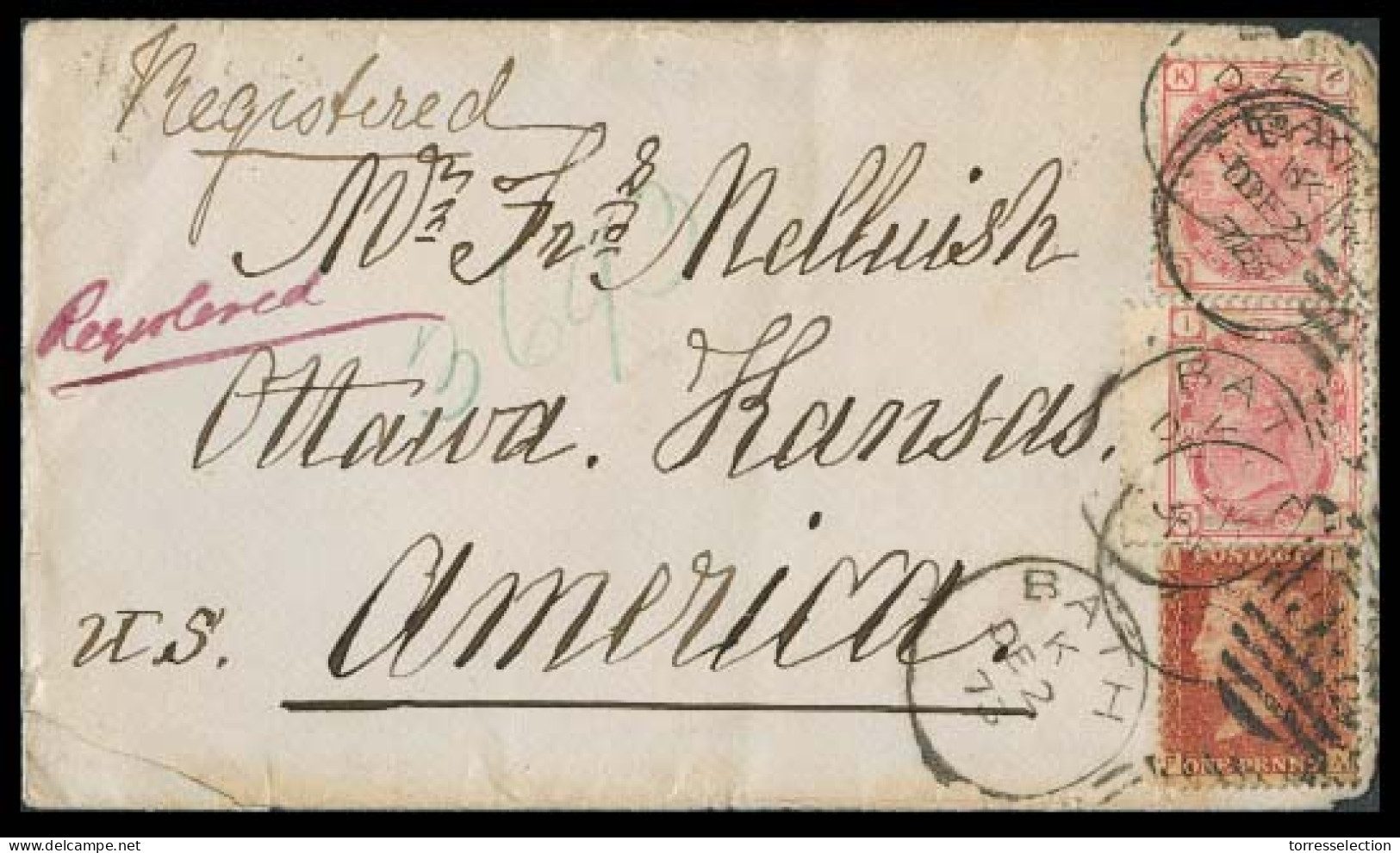 GREAT BRITAIN. 1873. Bath - USA / Kansas. Multifkd Env 7d Rate. Transatlantic Usage. - ...-1840 Prephilately