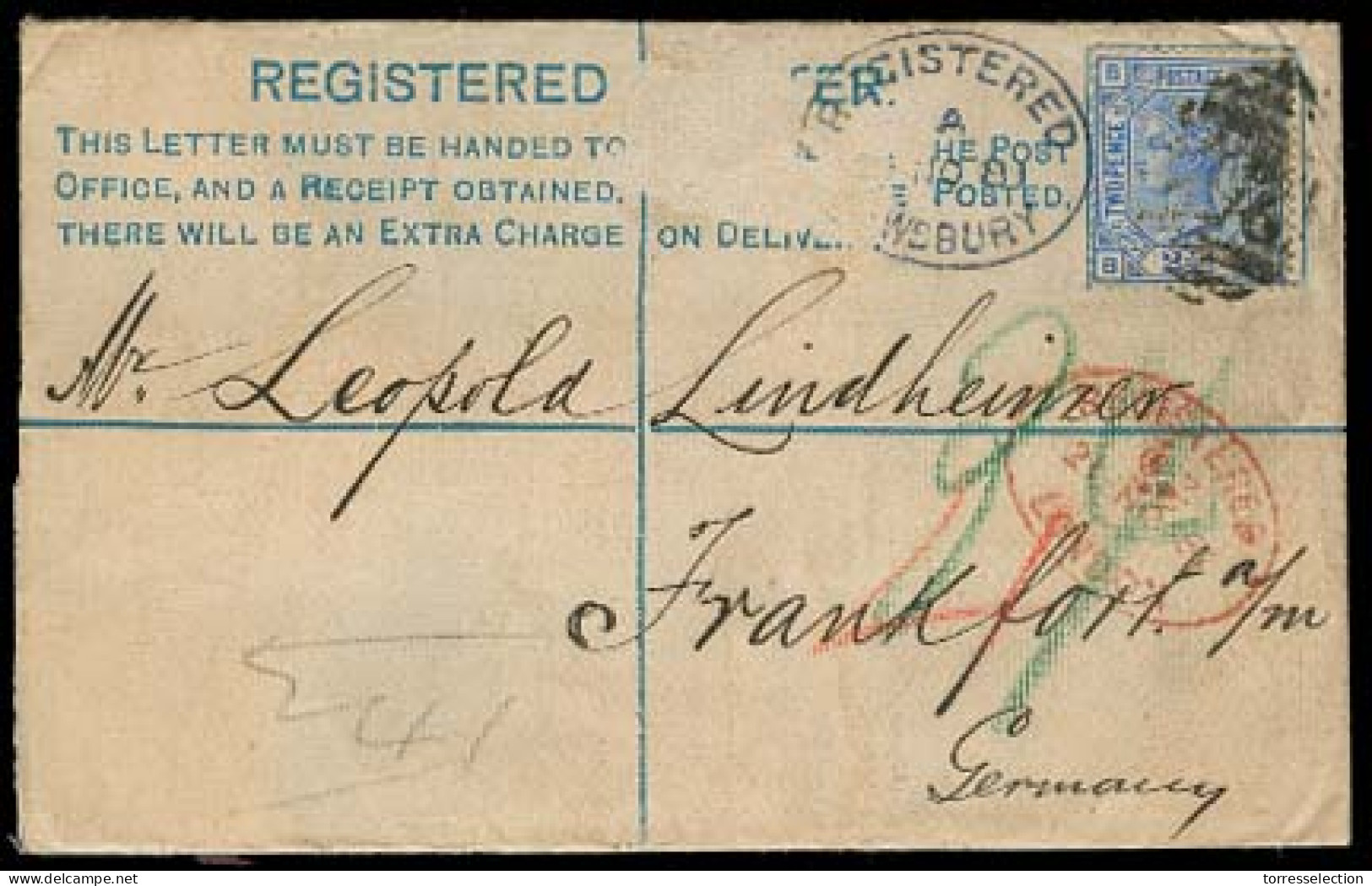 GREAT BRITAIN. 1881. Newsbury - Germany. Stat Env + 2 1/2d Blue Pl 23 Adtl Blue Oval Cachet. - ...-1840 Préphilatélie