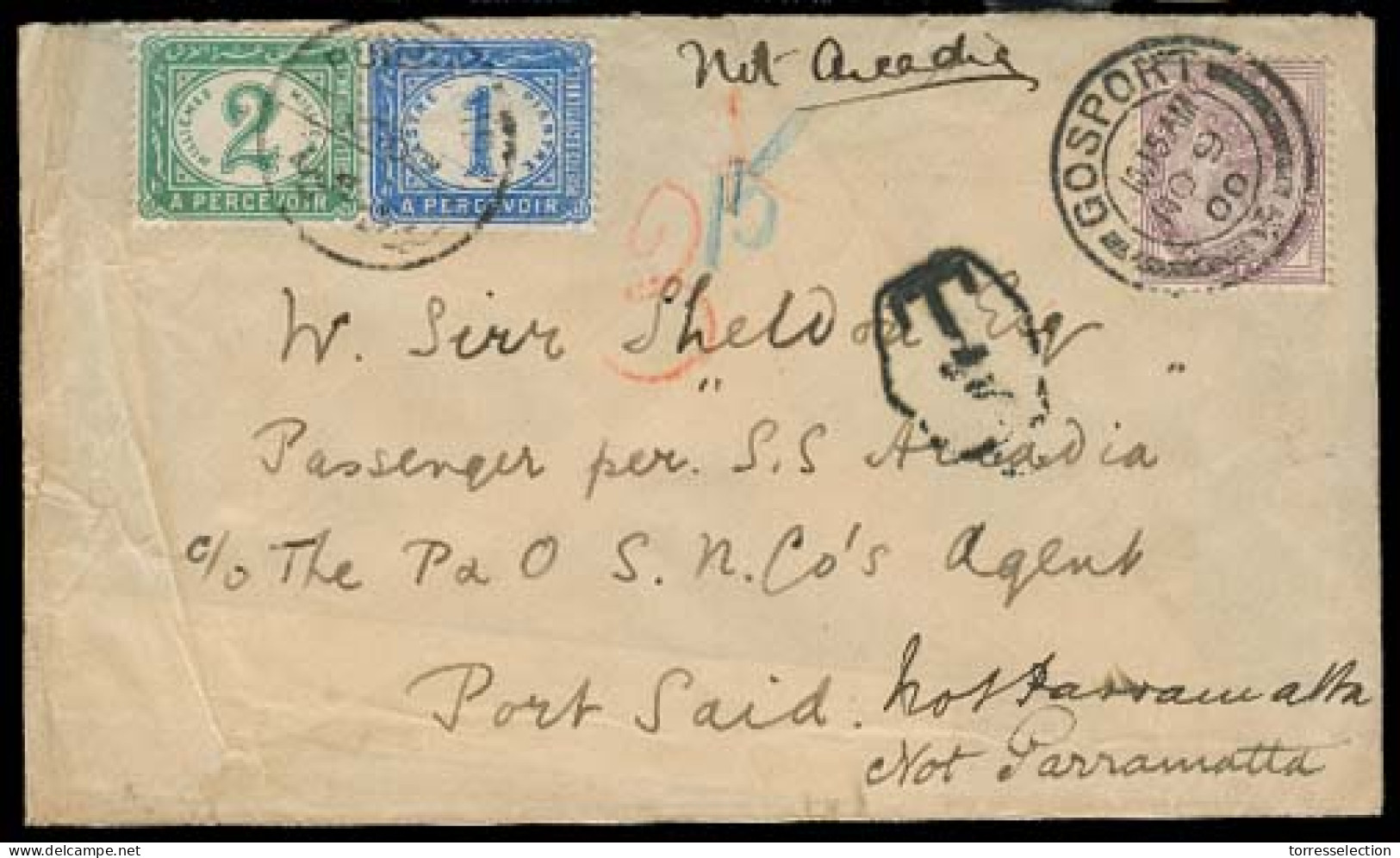 GREAT BRITAIN. 1900. Gosport - Egypt. Fkd Env 1d + 2 Egypt. Postage Dues, Tied Cds. XF. Exazouri Coll. - ...-1840 Préphilatélie