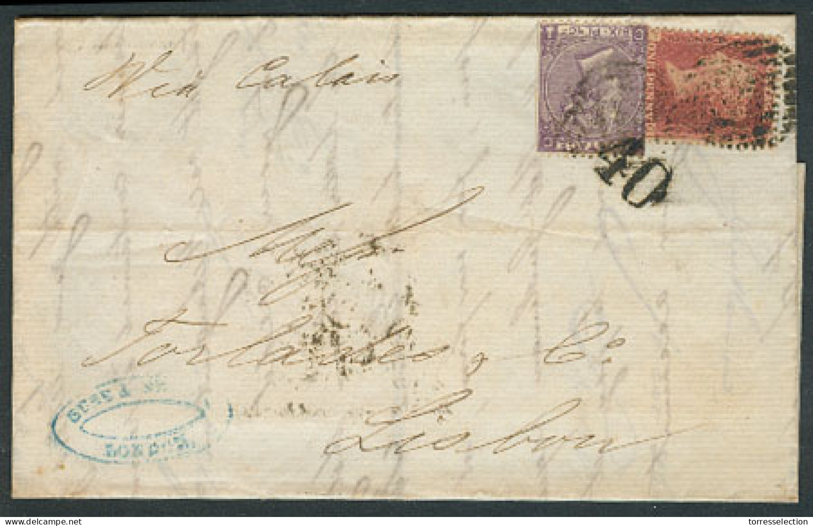 GREAT BRITAIN. 1865. London - Portugal. EL. Fkd 6d Pl5 + 1d (late Free). Partly Cancelled "40" Arrival Charge. Unusual. - ...-1840 Vorläufer