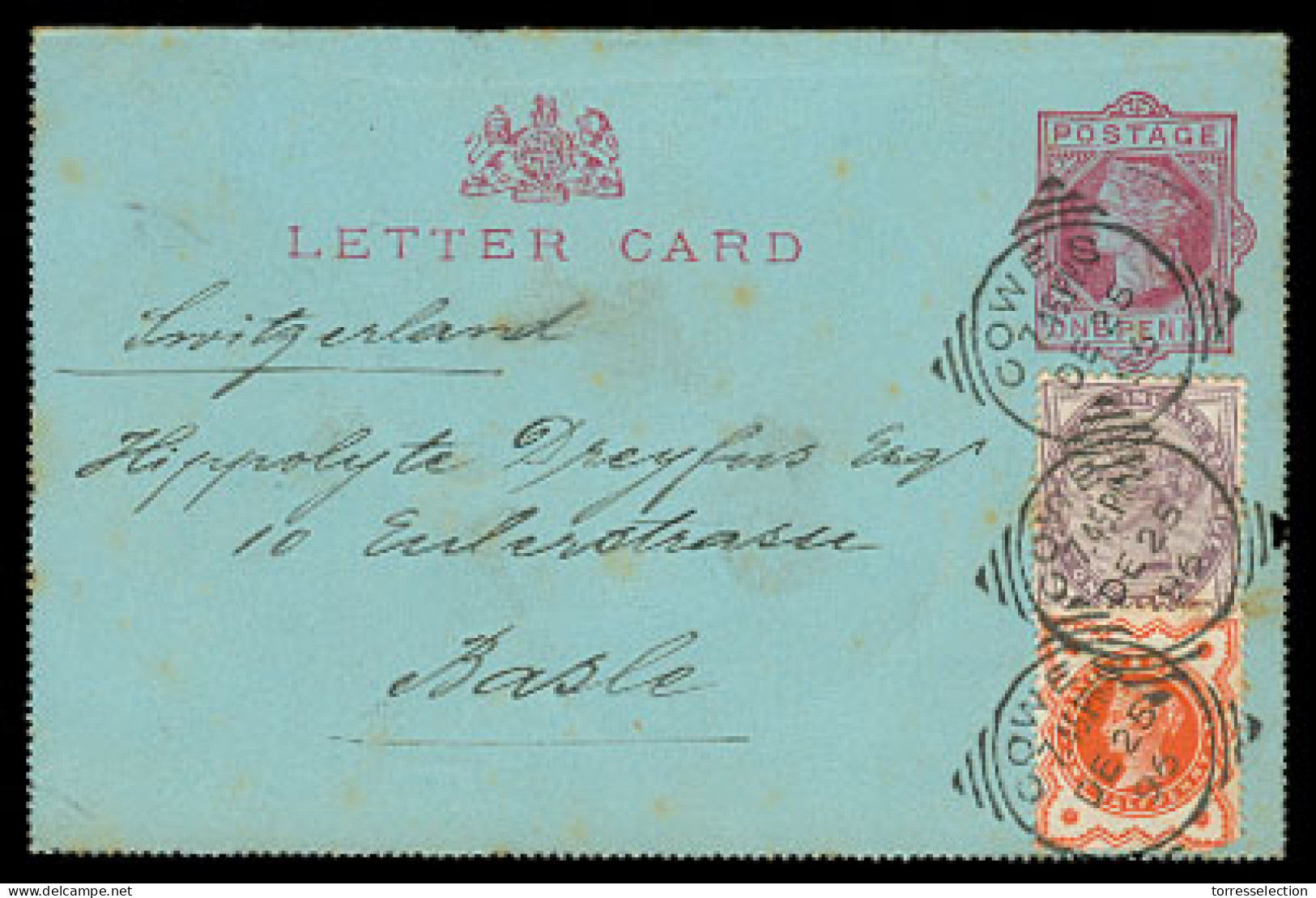 GREAT BRITAIN. 1896. Cowes - Switzerland / Basel. Stat Env + 2 Adtls. Cds. VF. - ...-1840 Voorlopers