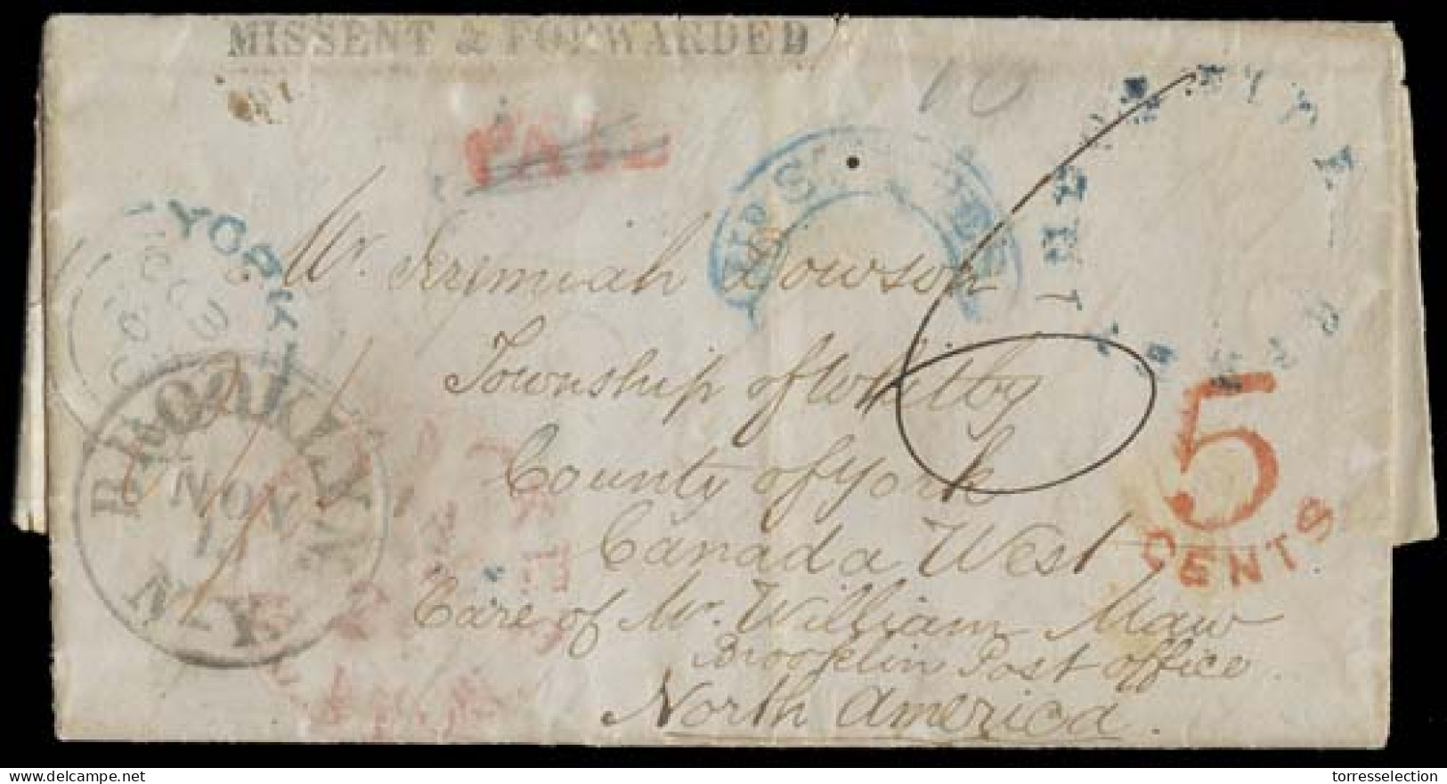 GREAT BRITAIN. CANADA - USA - GB. 1851 (Oct 31). Kirby Moonside / York - CANADA West. EL Carried To US Red Boston Packet - ...-1840 Préphilatélie