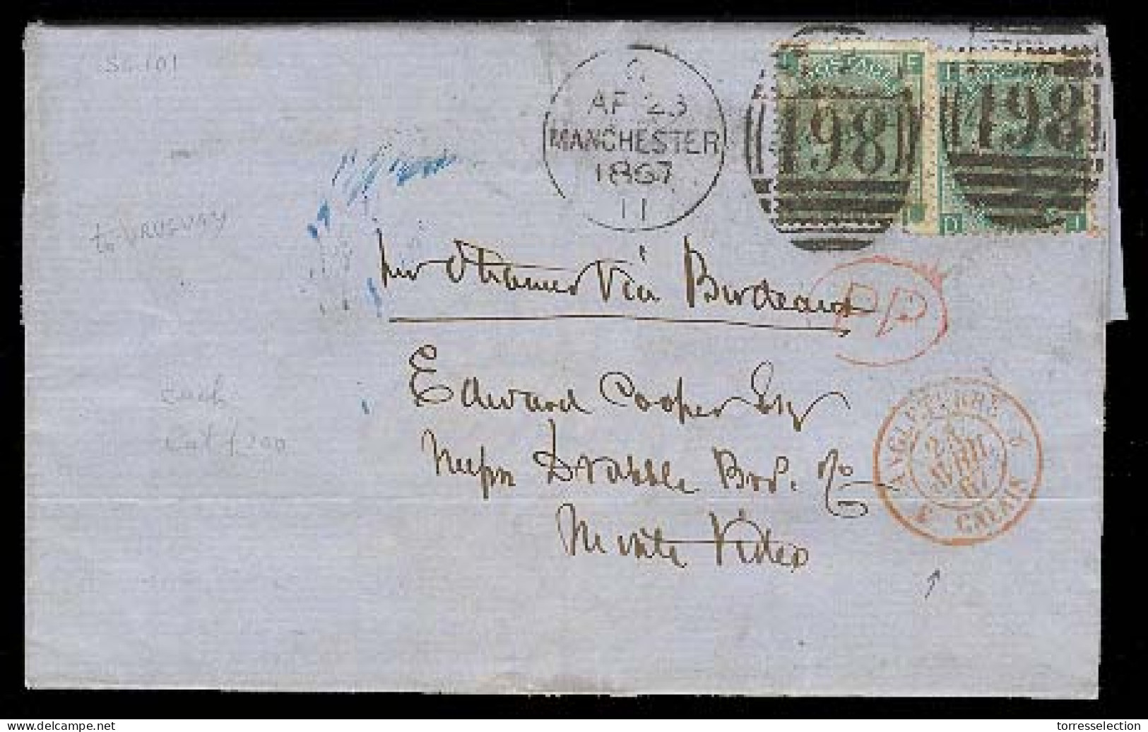 GREAT BRITAIN. 1867 (23 Apr). Manchester - URUGUAY. Frkd EL Carried By French Steamer Via Bordeaux Frkd 1sh Emblems (x2) - ...-1840 Precursores